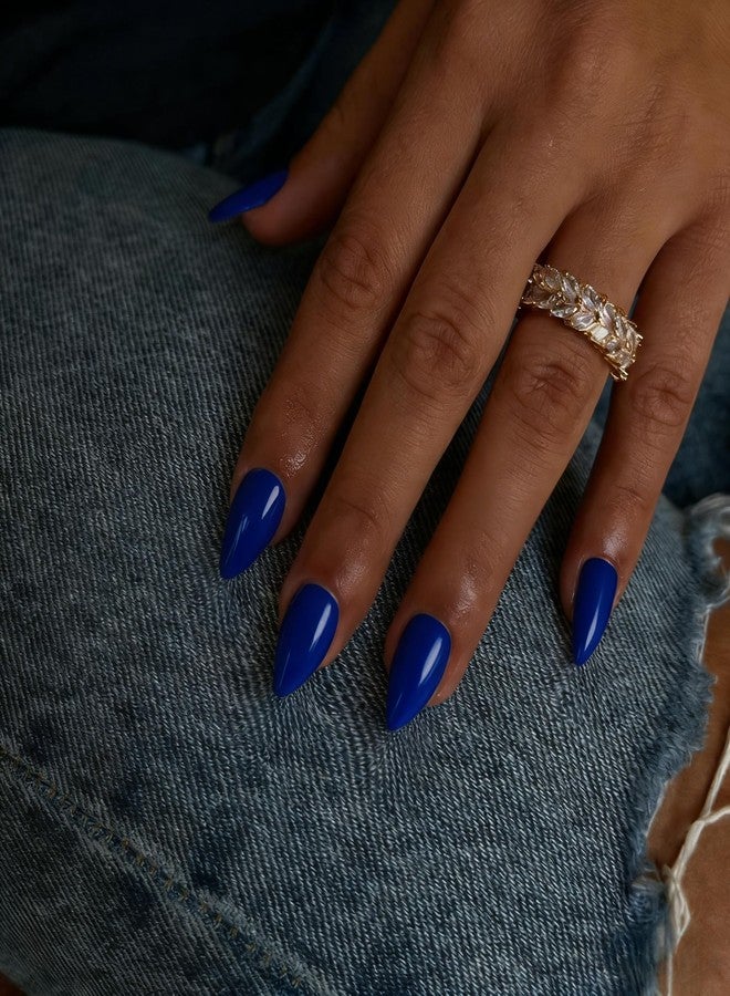 KXAMELIE Short Press on Nails Almond, Navy Blue Fake Nails Short Stiletto, Glossy Full Cover Pointed Acrylic Nails Press ons with Glue, Reusable Soft Gel Glue on Nails for Women, Easy to Apply, 30 Pcs - Image 2